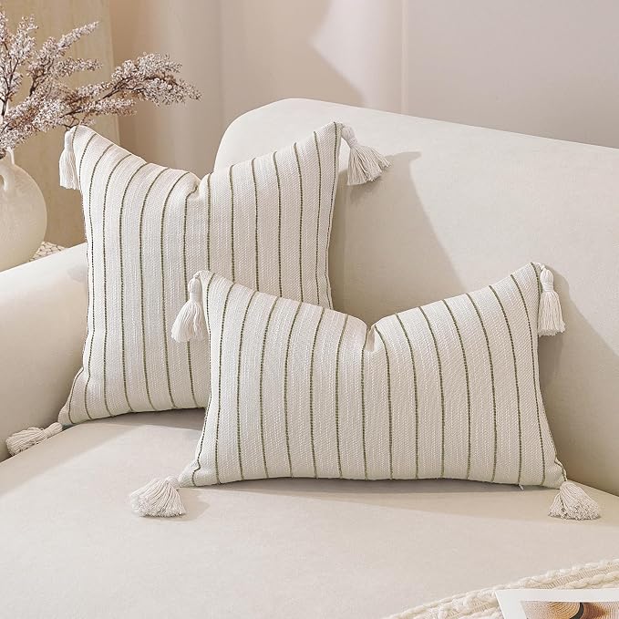 Boho Throw Pillow Covers 20x12 Inch Set of 2, Textured Linen Striped Lumbar - Image 2