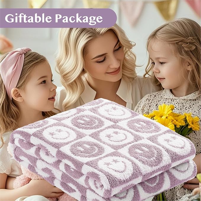 WRENSONGE Checkered Throw Blanket Lilac Smiling Face Soft Cozy Fluffy Warm Hand - Image 8