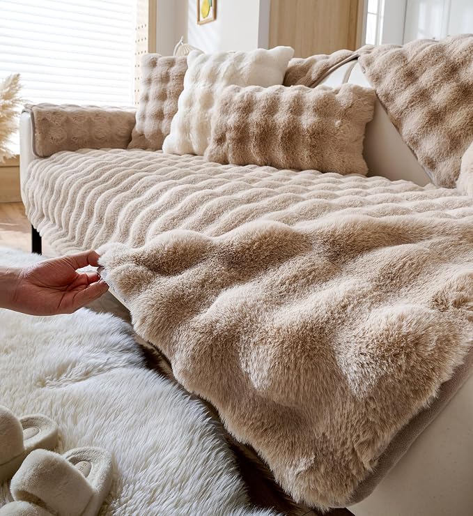 Faux Fur Couch Cover Fuzzy Soft Plush Thick Bubble Sofa Cover Luxury Sectional - Image 5