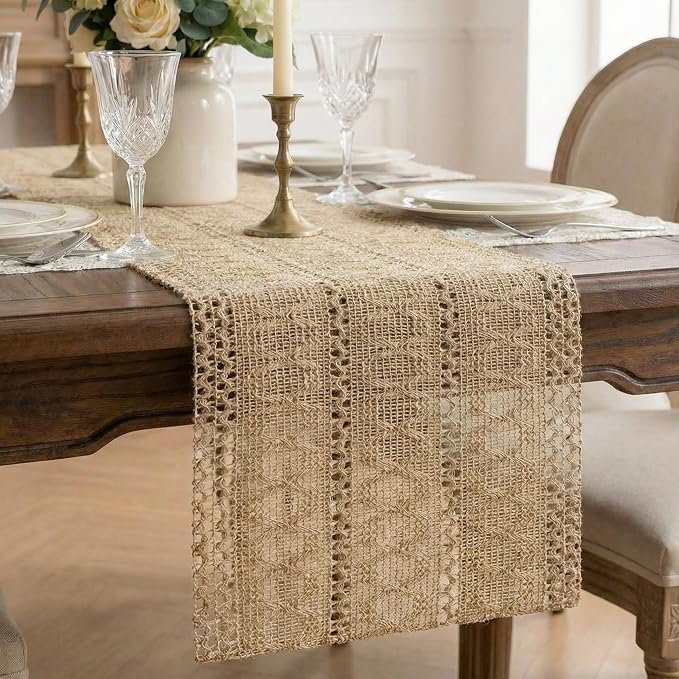 Burlap Boho Table Runner Farmhouse Rustic Jute Macrame Woven Dining Table Runner by Xiomot