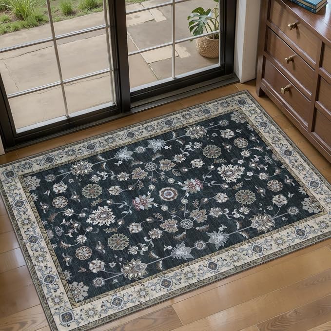 Tangsoo Vintage Floral Black 2x3 Washable Rugs by Tangsoo