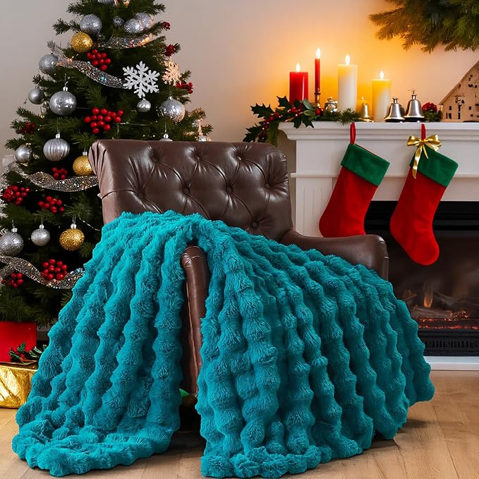 Lotus Karen Faux Fur Throw Blanket Teal - Image 2