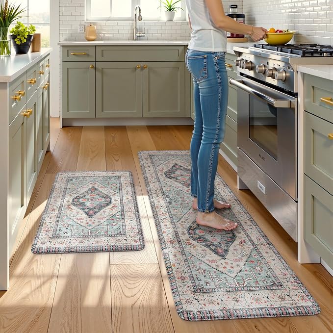 KIMODE Anti Fatigue Kitchen Mats, Boho Distressed Kitchen Rugs 20"x59"+20"x32" by KIMODE