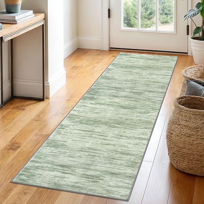 2x6 Modern Abstract Runner Rug for Hallways, Light Sage Green and Ivory Super by SiiloomRug