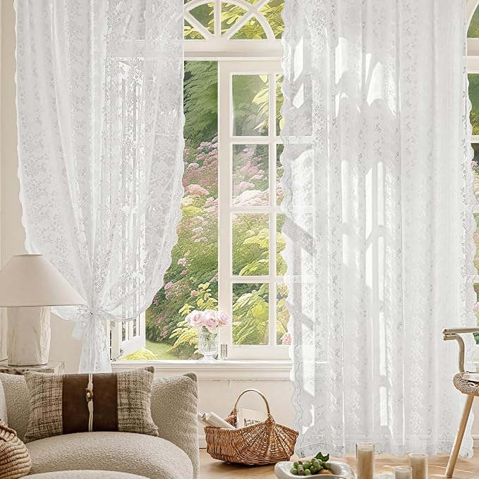 Anmao Vintage Lace Curtains 45 Inches Long 2 Panels Set, Romantic Elegant Light - Image 5