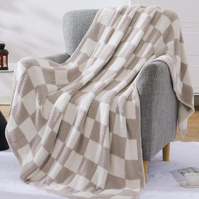 WRENSONGE Checkered Throw Blanket, Taupe Soft Cozy Fluffy Warm Hand Made Throw - Image 6