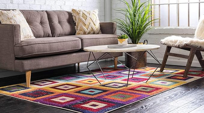 Unique Loom Estrella Collection Colorful, Squares Modern, Abstract Area Rug - Image 2