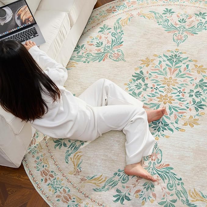 jinchan Round Rug 6ft Area Rugs Vintage Floral Distressed Design, Machine - Image 6