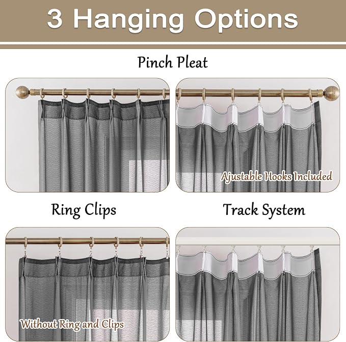 MAIHER Grey Sheer Pleated Curtains 132 Inch Length - Image 2
