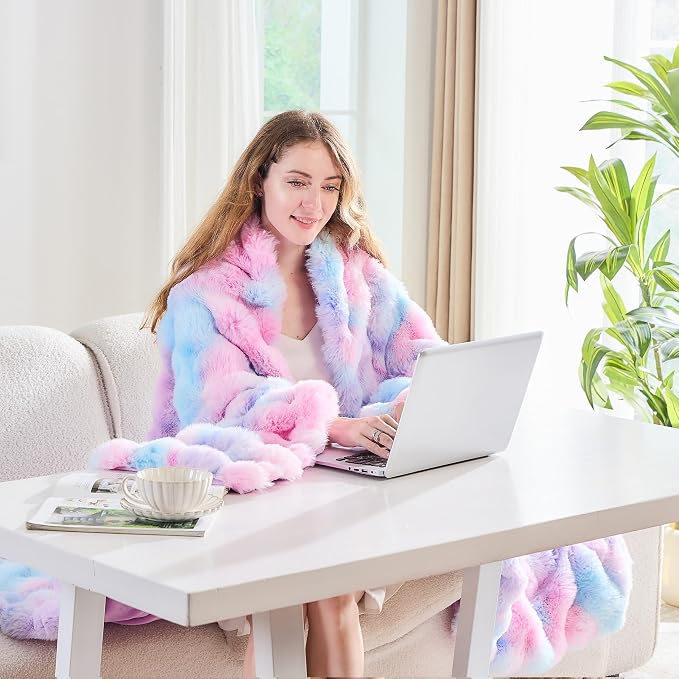 Lotus Karen Faux Fur Throw Blanket Tie-Dye Purple Rainbow - Image 7
