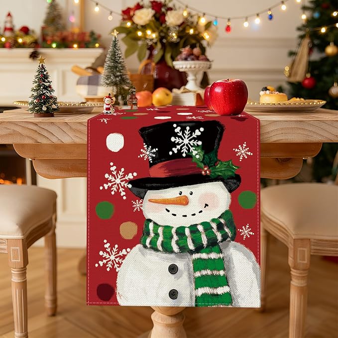 OTOSTAR Snowman Snowflake Christmas Table Runner, Xmas Seasonal Winter Holiday - Image 2