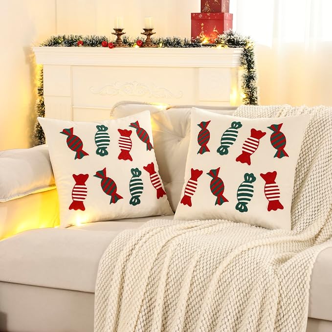 LUOYEHK Christmas Pillow Covers 18x18 Set of 2 Candy Decorative Beige Pillow - Image 2