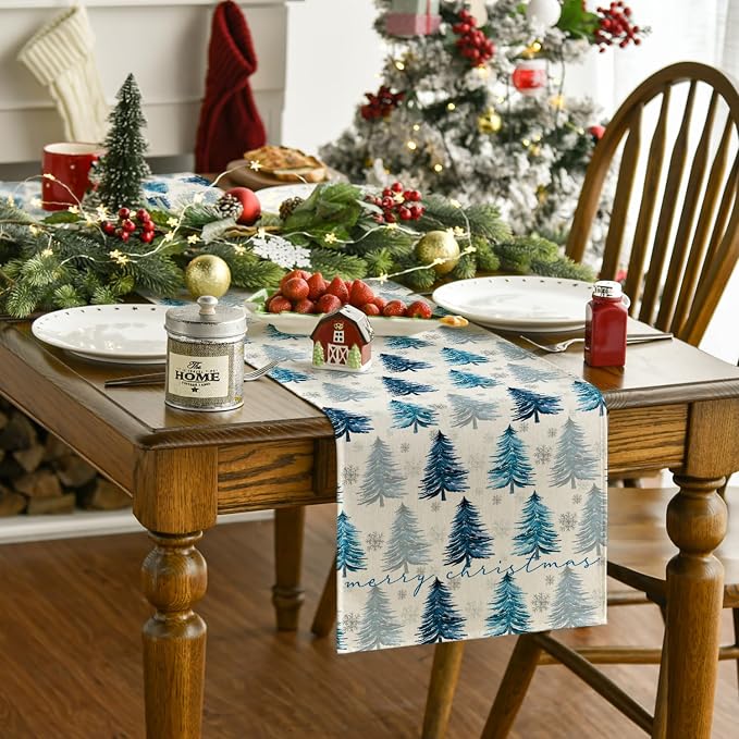 Artoid Mode Xmas Trees Snowflake Christmas Table Runner, Seasonal Winter Blue - Image 2