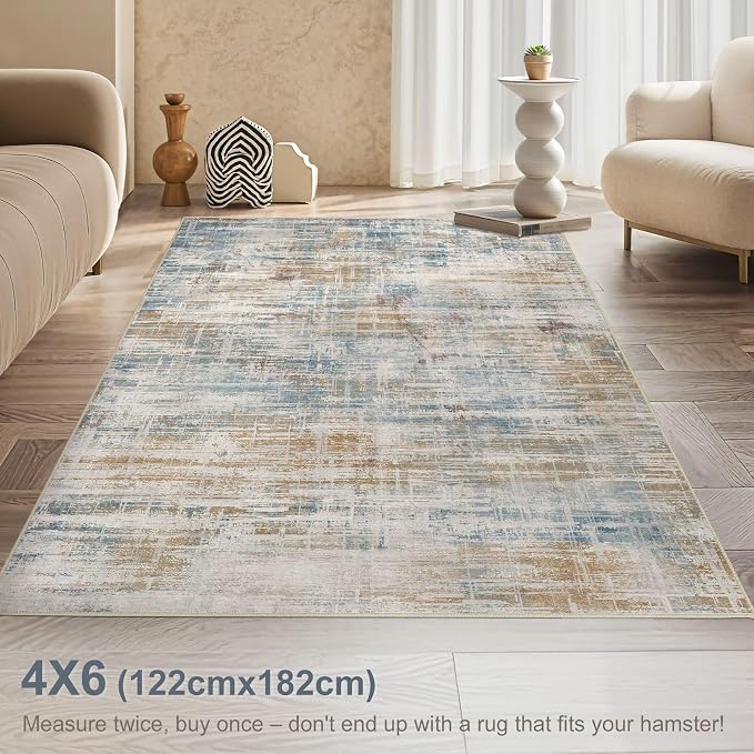 Area Rug for Living Room: 4x6 Washable Neutral Abstract Modern Soft Rugs Non - Image 3
