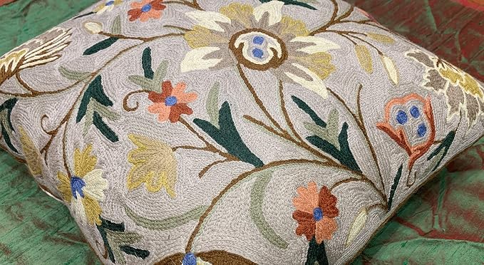 Beige Floral Pillow Cover Taupe Flower Traditional Hand Embroidered Pillowcase - Image 2