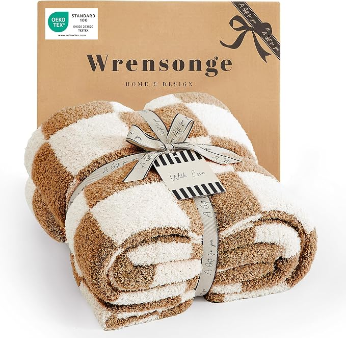 WRENSONGE Fall Checkered Throw Blanket, Burnt Orange Soft Cozy Fluffy Warm Hand by WRENSONGE