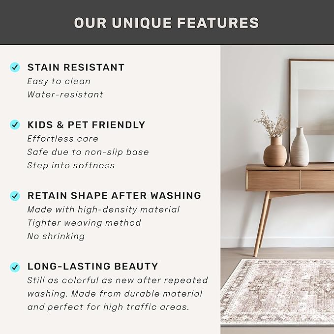 Washable Neutral Farmhouse Bedroom Rug, 5x7 Area Rugs - Image 7