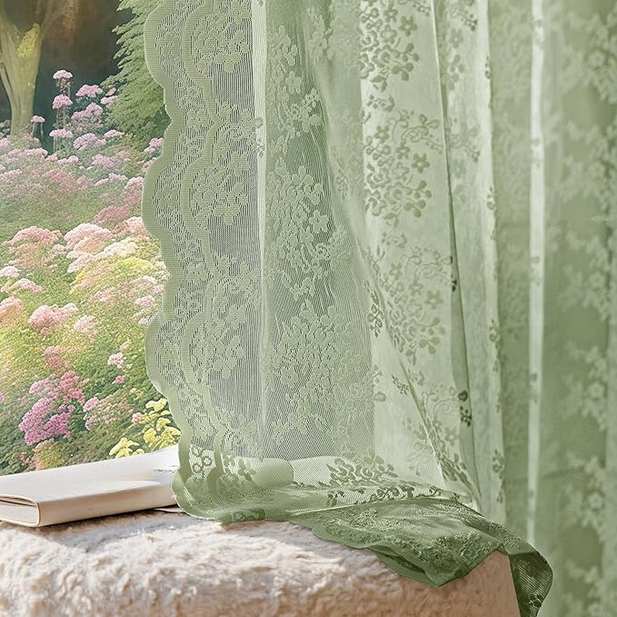Anmao Vintage Sage Green Lace Curtains 96 Inches Long 2 Panels Sets, Romantic by Anmao