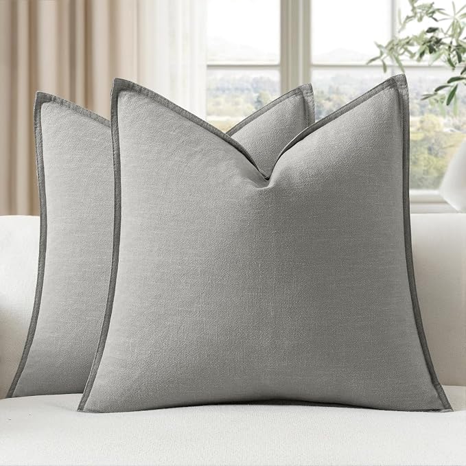 EMEMA Decorative Linen Throw Pillow Covers 20x20 Inch Light Grey Boho Farmhouse by EMEMA