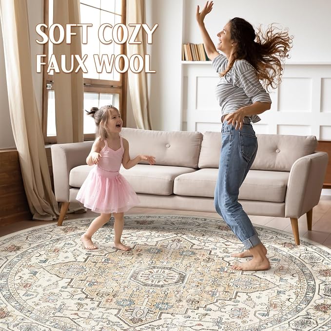 Round Rug Living Room Rugs: 6Ft Washable Boho Neutral Large Circle Soft Indoor - Image 3