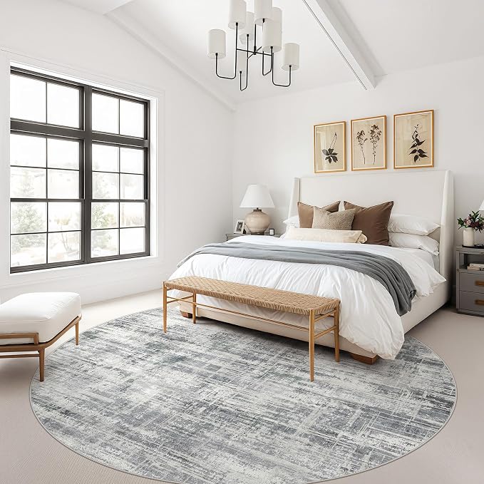 8ft Round Area Rug for Living Room: 8x8 Washable Neutral Abstract Modern Soft - Image 2