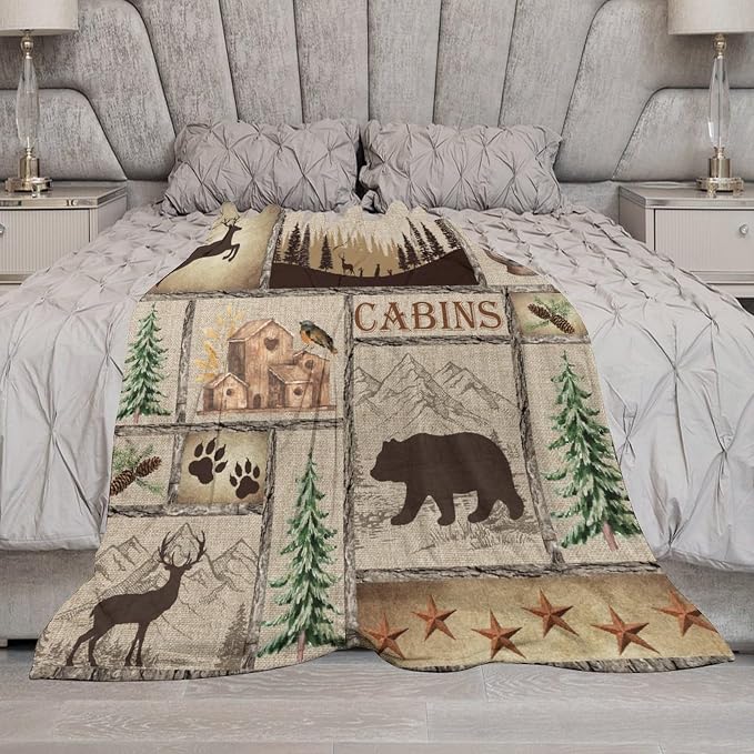Rustic Cabin Bear Blanket, Lake Country Lodge Bear Deer Forest Farmhouse Camp - Image 7