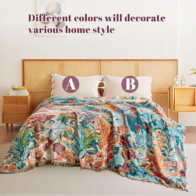 MSGKV Boho Throw Blanket for Bed Twin Size 100% Cotton Floral Blanket 60"x80" - Image 3