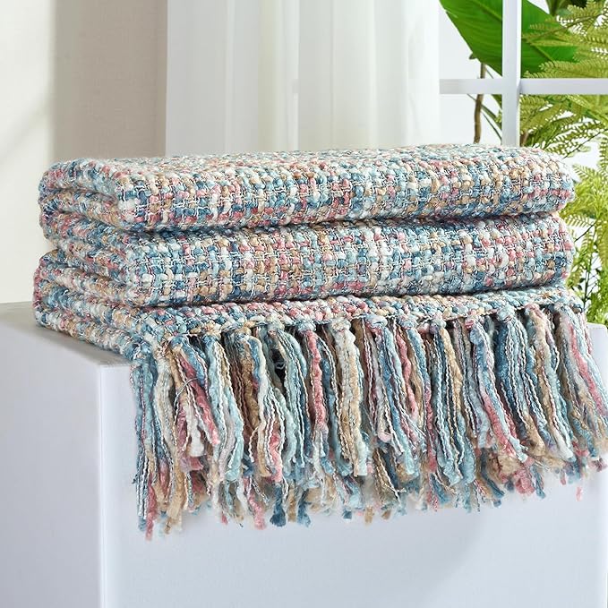 Multi-Color Pink Blue Cable Knitted Throw Blanket by GINAMUSE