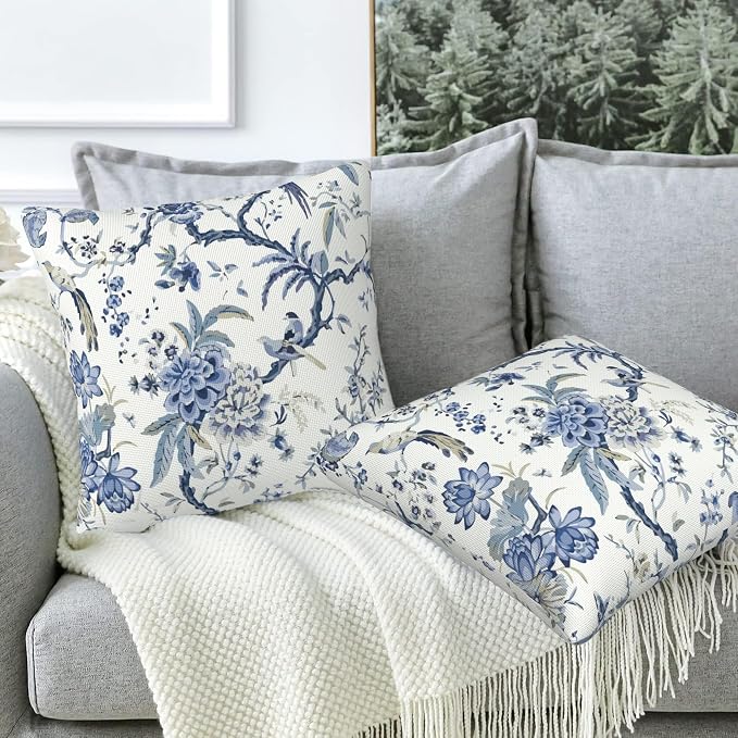 Chinoiserie Throw Pillow Cover Case Blue White Flowers Throw Pillows Set of 2 - Image 5