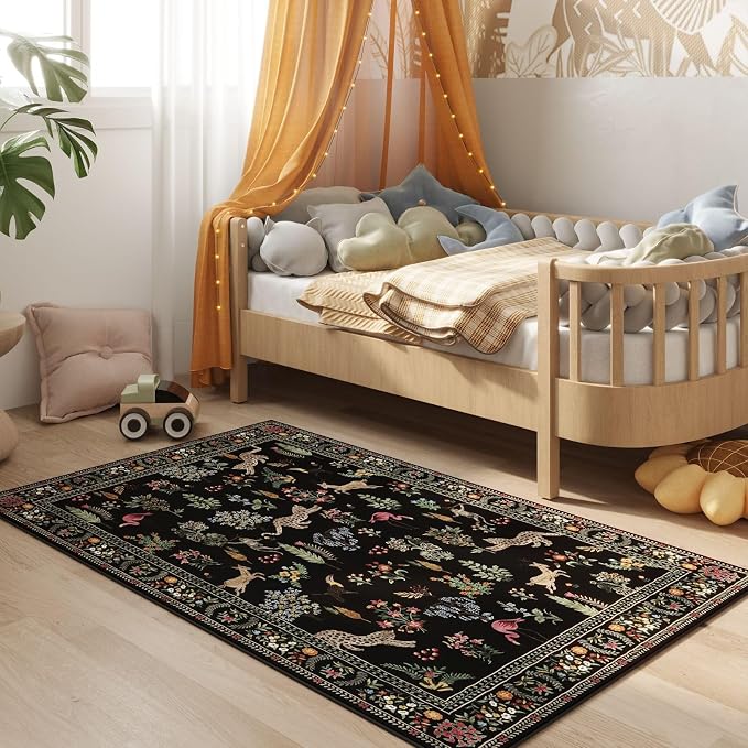 Rugcomf Area Rug 4x6 Rug Washable Boho Rugs Non Slip Low Pile Floral Animal - Image 4