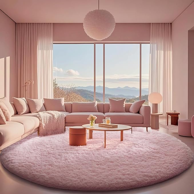 Ophanie Round Rugs 8Ft Pink Circle Area Rug, Fluffy Fuzzy Bedroom Carpet by Ophanie