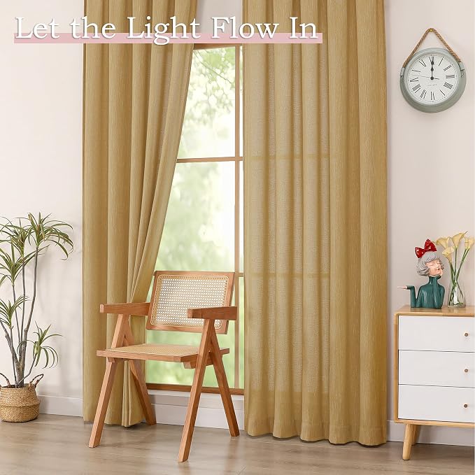 Simplebrand Gold Semi Sheer Faux Linen Textured Curtains 84 Inches Long 2 Panels - Image 4