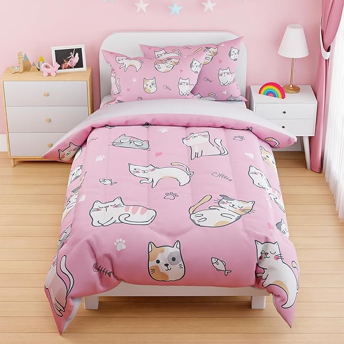 Cat Duvet Cover Sets Twin Size for Kids Girls, Include 1 Polyester Comforter by SANDJEST