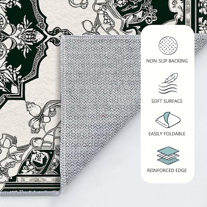 4x6 Traditional Oriental Area Rug Black White Dark Green Rug Non Slip Low Pile - Image 8