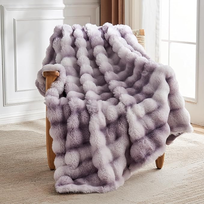 Lotus Karen Faux Fur Throw Blanket Tie-Dye Purple-Big Bubble Rabbit Fluff - Image 5