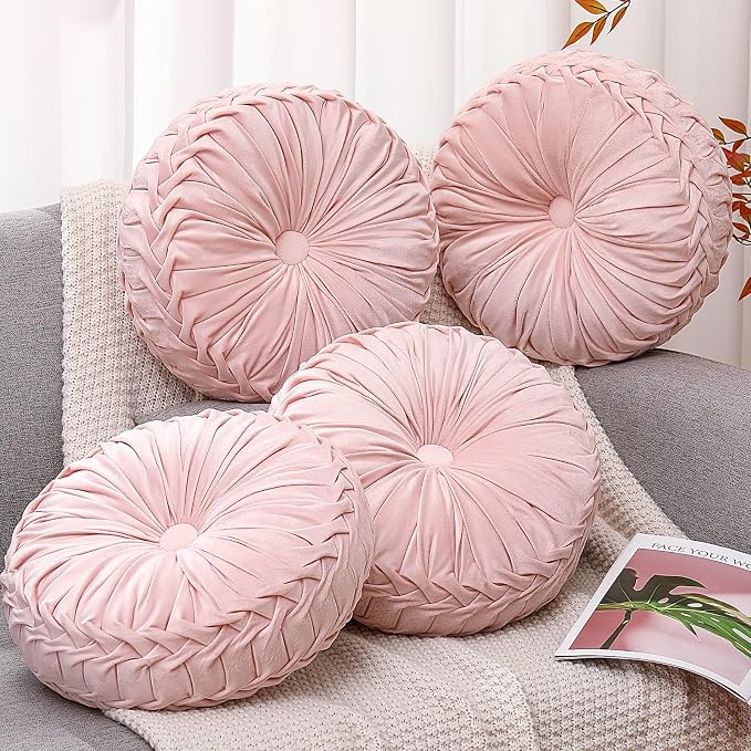 4 Pcs Round Throw Pillows 15 Inch Decorative Velvet Pleated Pumpkin Floor Boho by Beeveer