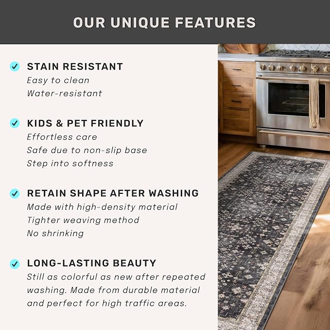 Black Boho Washable 3x6 Large Kitchen Runner Rug, Indoor Entryway Home Office - Image 7