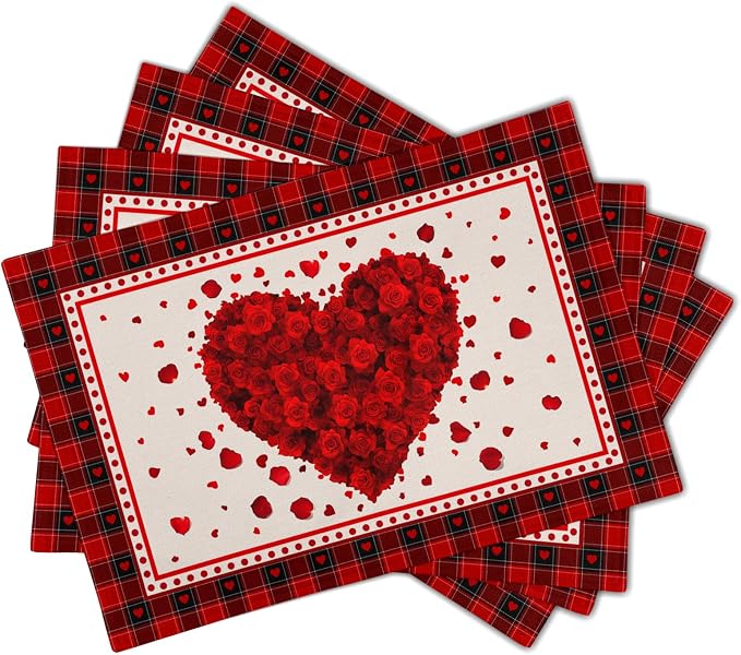 Giwawa 4PCs Valentines Day Placemats 12x18 Inch Love Hearts Rose Flower Place - Image 2