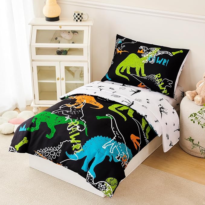 PERFEMET 4-Piece Boys Toddler Bedding Sets Cartoon Dinosaur Comforter Set - Image 2