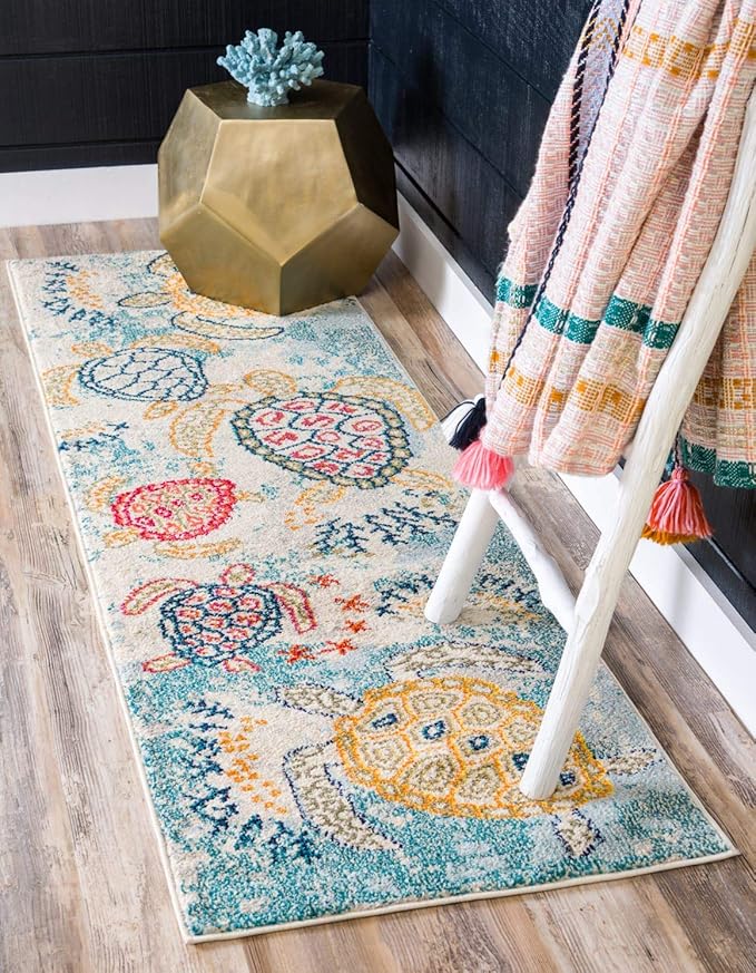Unique Loom Positano Collection Coastal Modern Turtles Beige Runner Rug by UniqueLoom