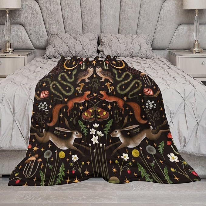 Rustic Forest Throw Blanket, Fairy Tale Forest Land Wild Animals Moths Flowers - Image 7