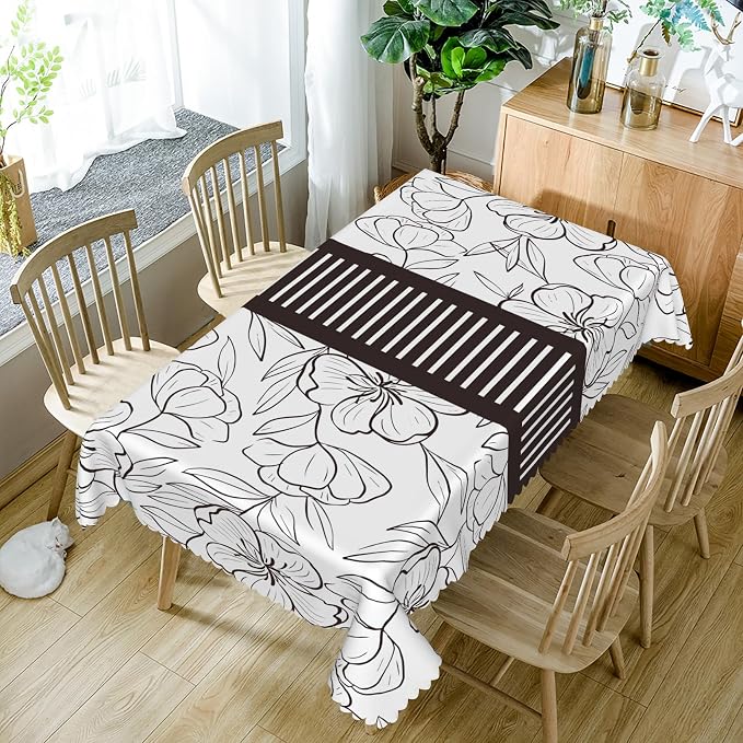 70x90inches Floral Rectangle Tablecloth Black and White Sketch Floral Printed - Image 5