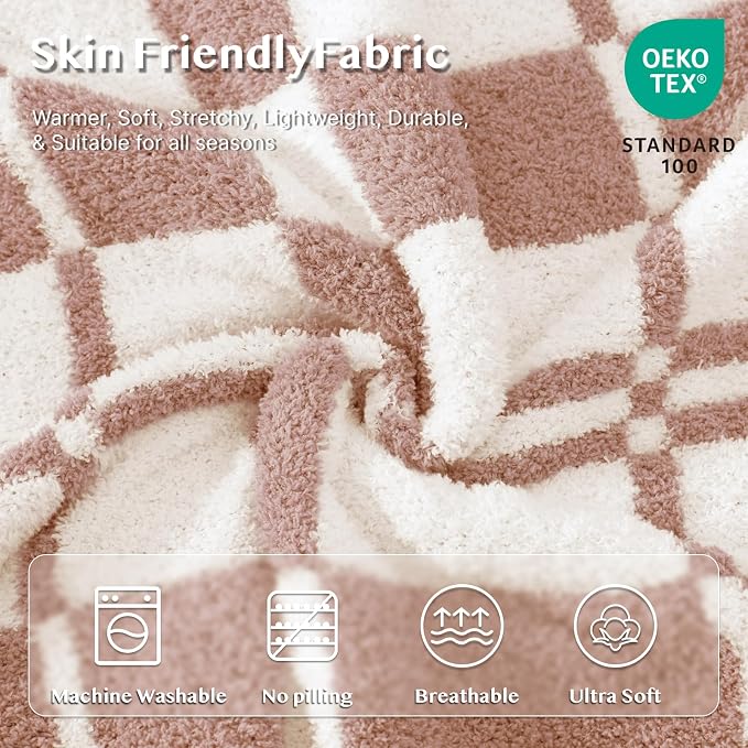 WRENSONGE Checkered Throw Blanket Clay Pink Soft Cozy Fluffy Warm Hand Made - Image 5