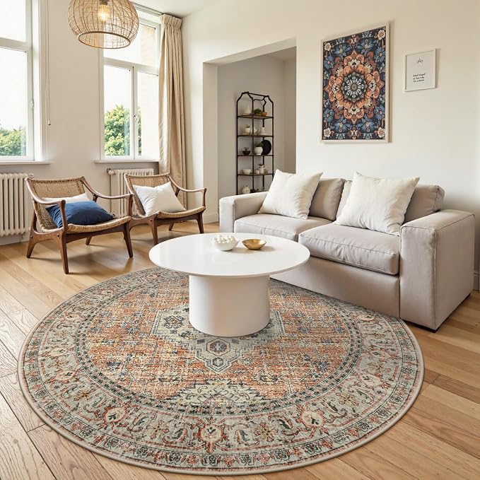 Lahome Oriental Washable Round Area Rug, Non-Slip Round Rugs 6ft Ultra-Thin - Image 2