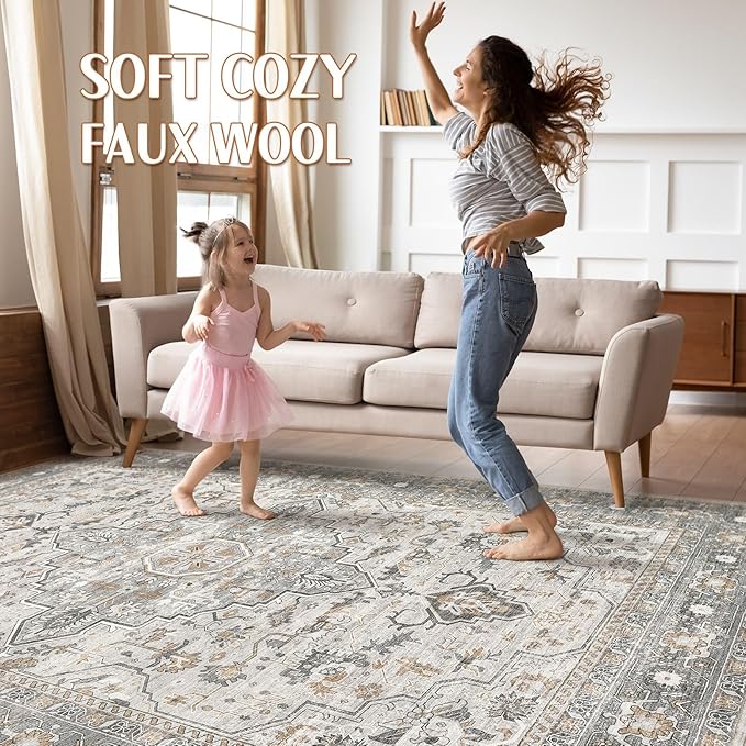 7x9 Area Rug Living Room: Washable Boho Large Neutral Vintage Soft Rugs Stain - Image 3