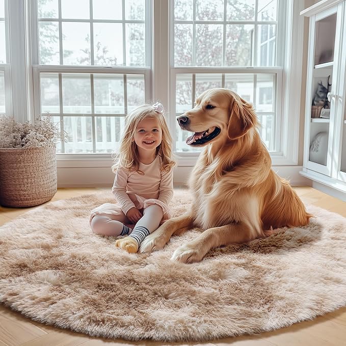 ONASAR Tie-Dye Beige Round Area Rug 4ft, Soft Bedroom Circle Rugs Floor Mats - Image 5