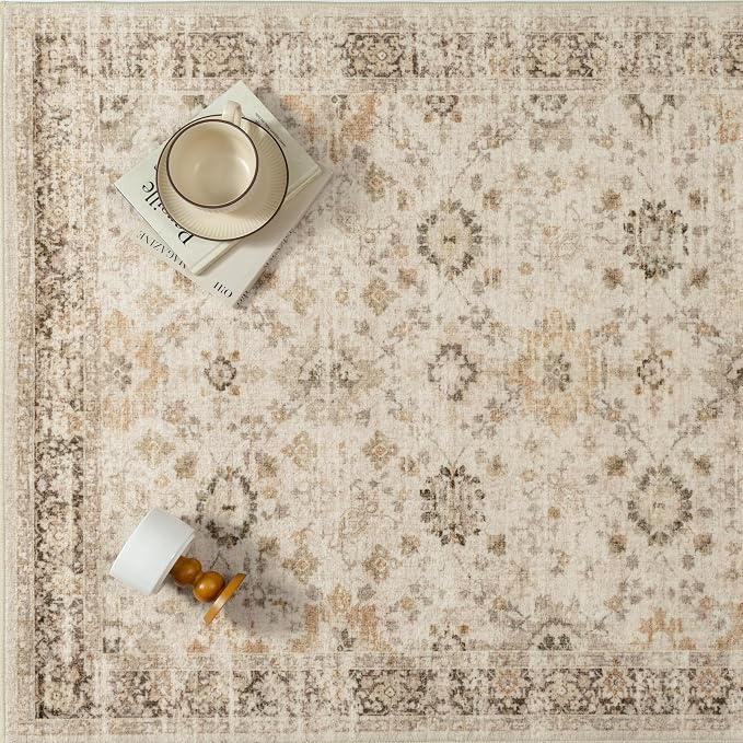 Beige 6x9 Area Rug Non Slip Vintage Living Room Distressed Machine Washable - Image 5