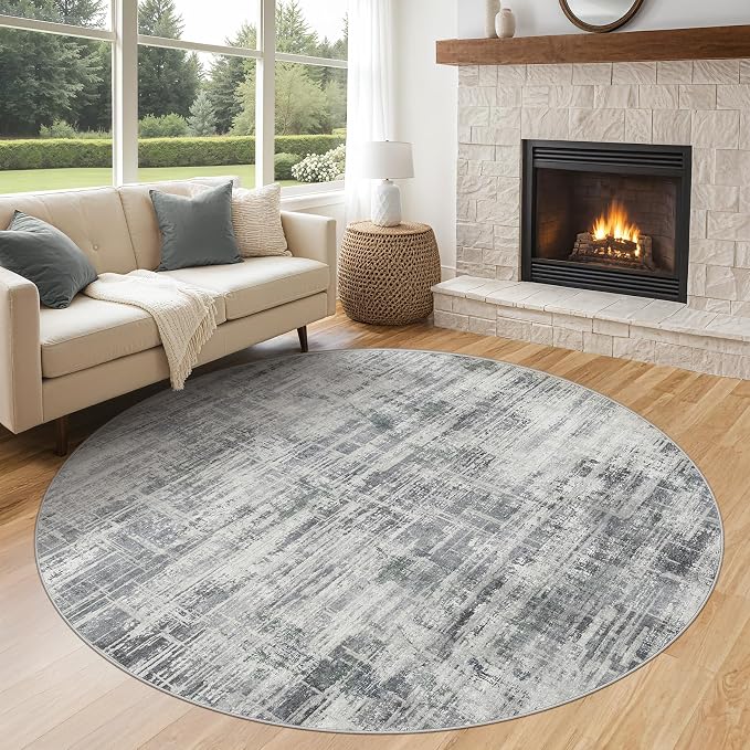 6ft Round Area Rug for Living Room: 6x6 Washable Neutral Abstract Modern Soft by UERMEI