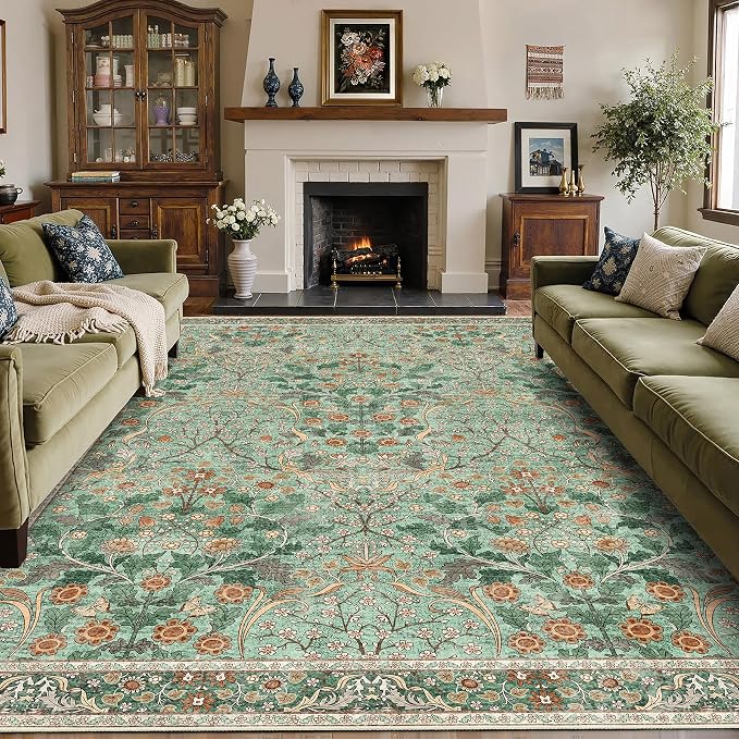 MUJOO Green Washable Rugs 8x10, Floral Area Rug by MUJOO