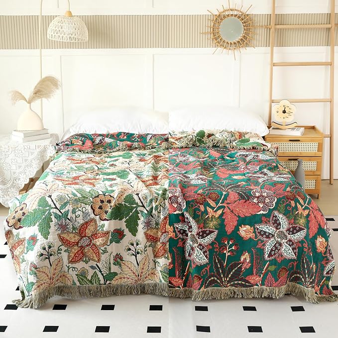 MSGKV Boho Throw Blanket for Bed Twin Size 100% Cotton Floral Blanket 60"x80" - Image 3
